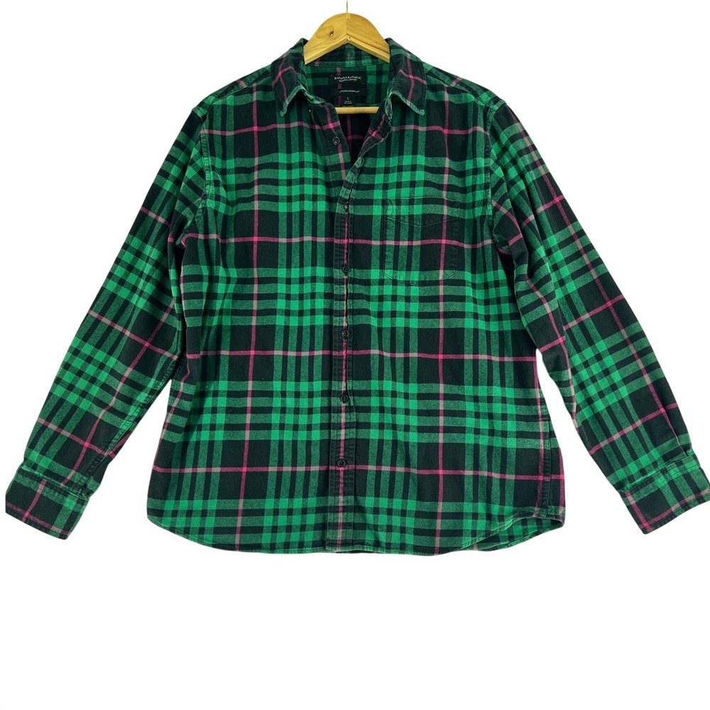 Banana Republic Mens Organic Cotton Green Black Buffalo Plaid Flannel Shirt Sz L